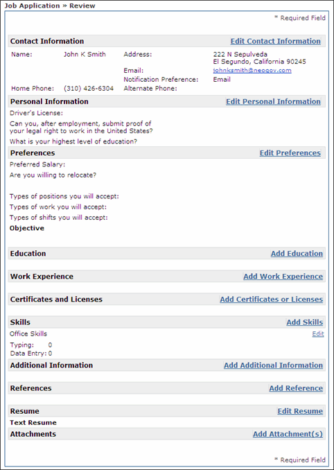 Job Application Review screen.