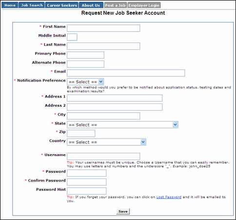 Request a New Job Seeker Account Screen.
